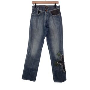 Manuel Mens Blue Distressed Suede Trim Embroidered Leaf Jeans Made in Italy 30